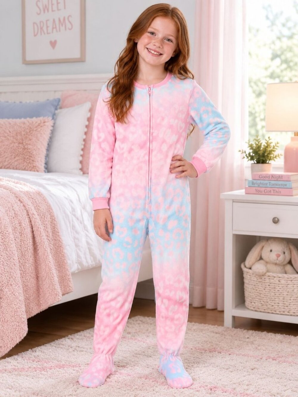 Komar Kids Girls Blue Pink Leopard Fleece Footed One Piece Pajamas Size Large 10